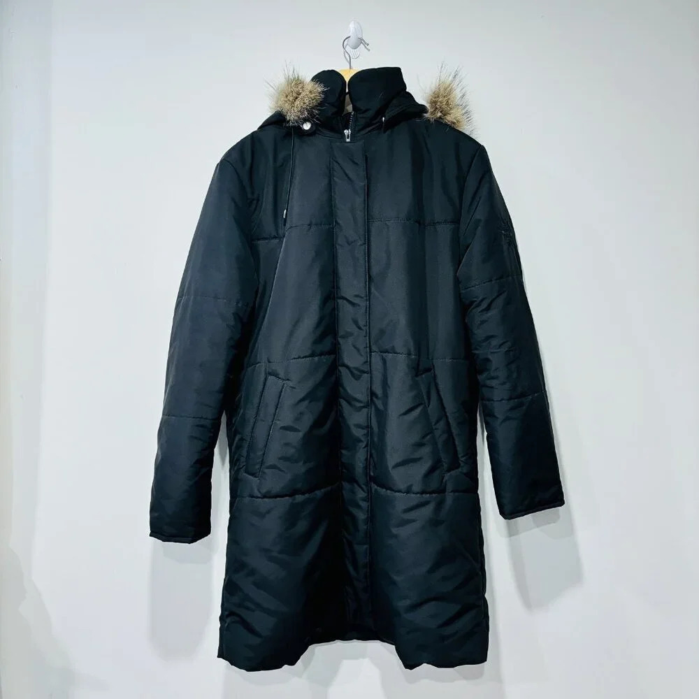 FEN-NELLI Black Long Quilted Puffer Winter Coat Full Zip Jacket Size 12